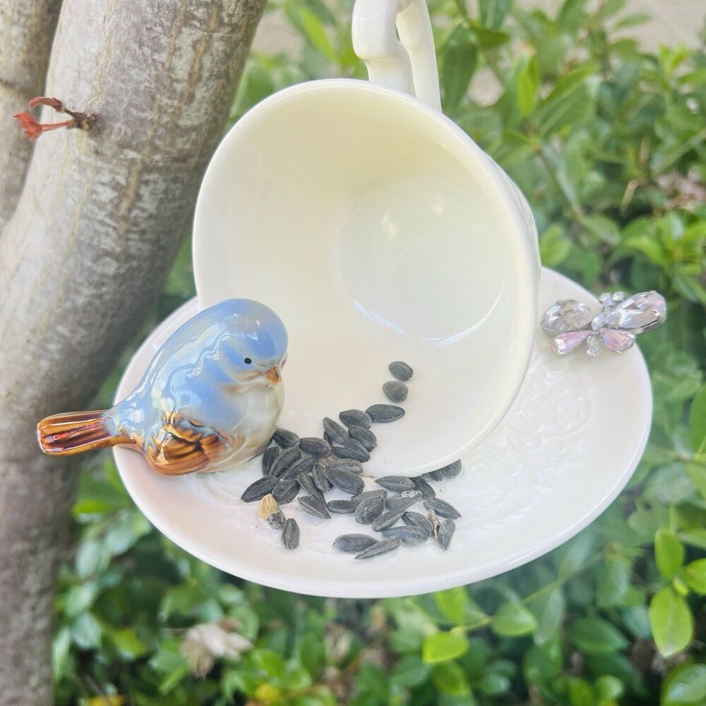 Upcycled Wedgwood Teacup Bird Feeder w/ Saucer Lace Hanger Rhinestone Dragonfly